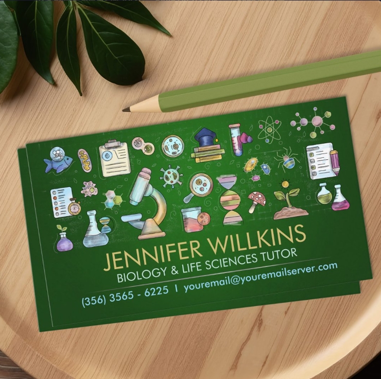Private biology tutor card with botanical and cellular motifs