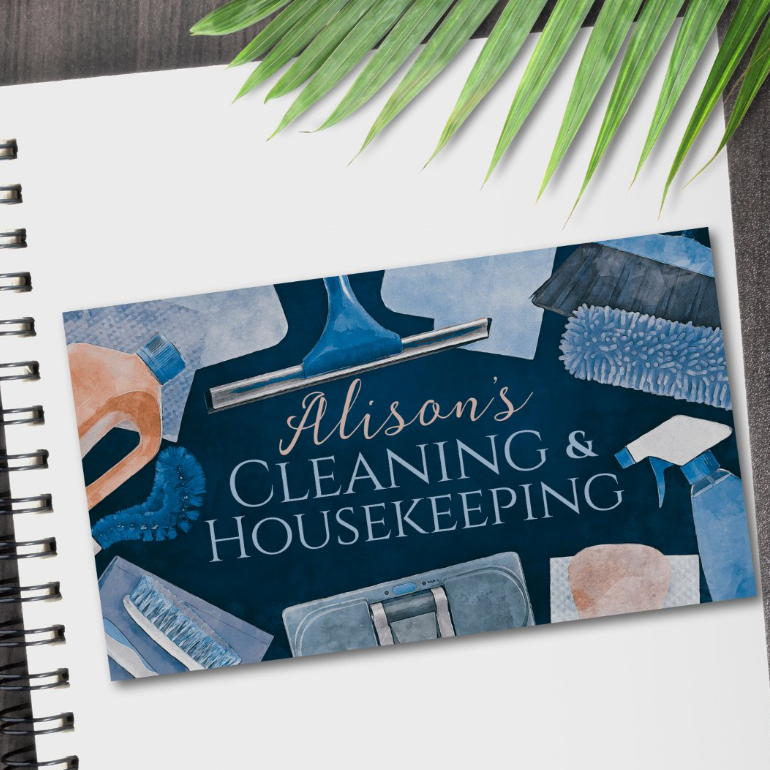 Business card for professional maid service with hand-painted cleaning tools