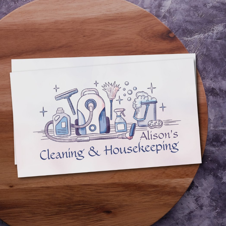 Business card for professional maid service with hand-painted cleaning tools