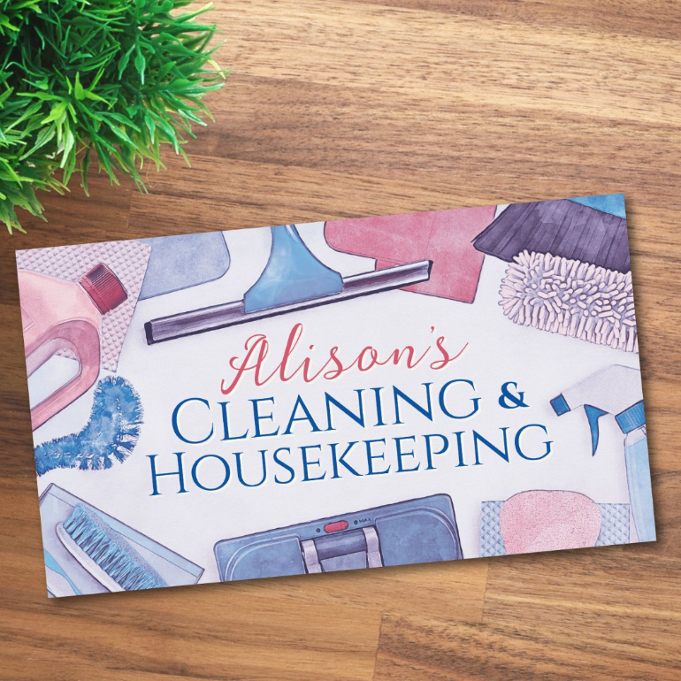 Pastel business card design for housekeeping services with watercolor illustrations