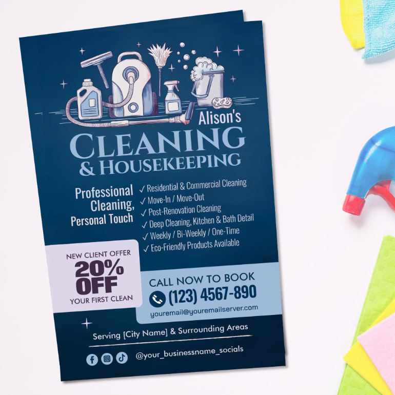 Elegant cleaning services flyer with watercolor illustration