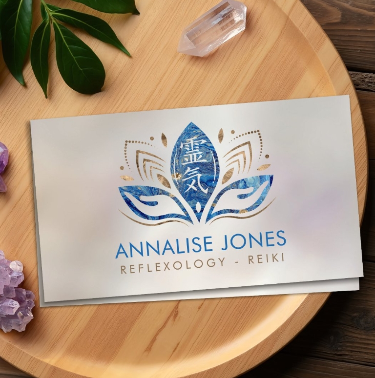 Reiki symbol and hands in Lotus Blue Marble Business Card