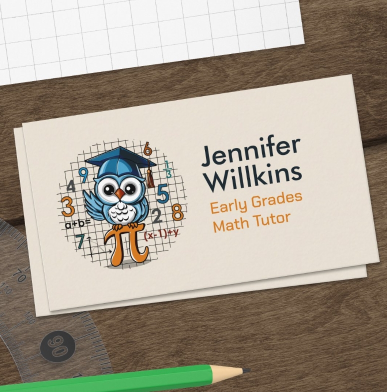 Private Math Tutor - Early grades, elementary Business Card. Cute owl and numbers