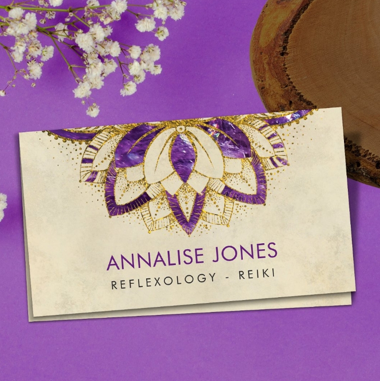 Purple Amethyst and gold frame Lotus Business Card