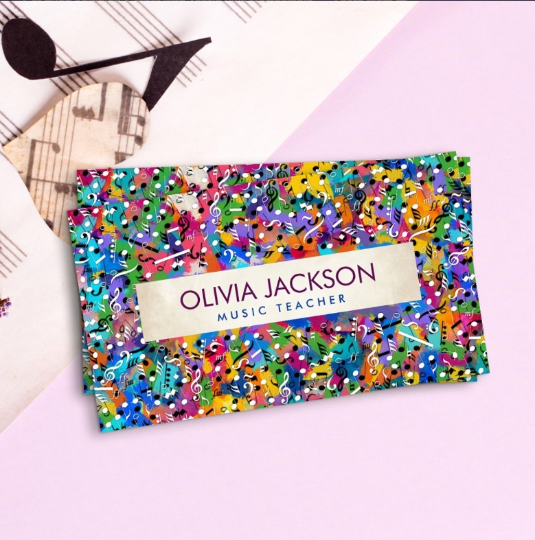 artistic business cards for music teachers - colorful music notes pattern