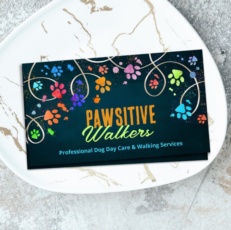 colorful paw print trailbusiness card for dog walkers