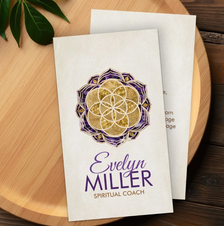 seed of life business card design - amethyst and gold textures