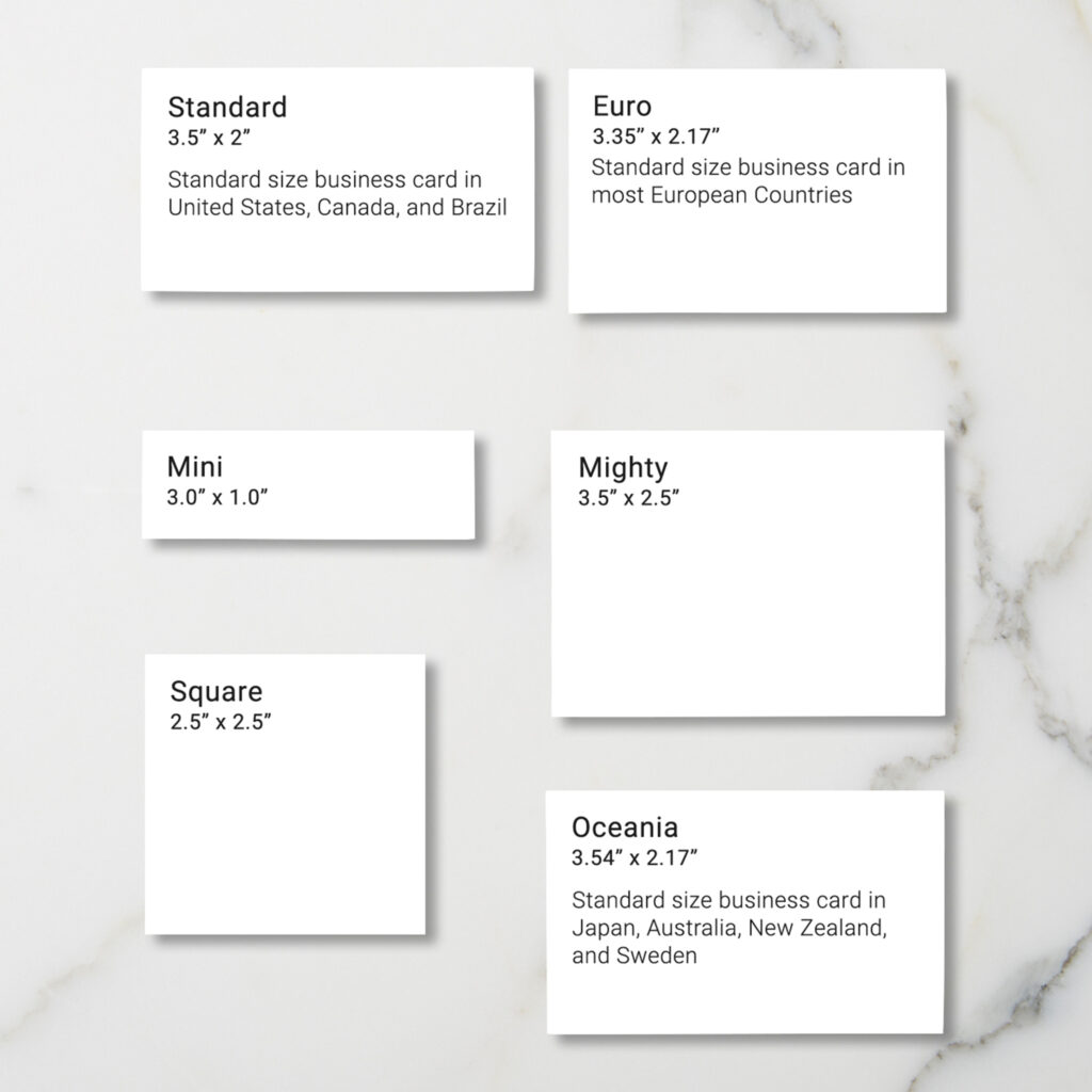 Business Card sizes offered by Zazzle