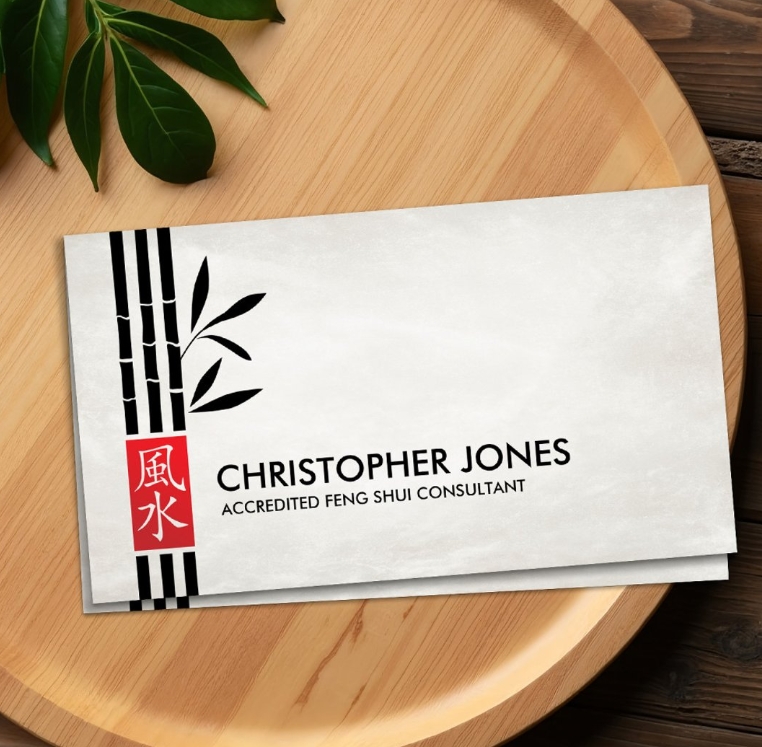 feng shui business card - bamboo and red japanese symbol for feng shui