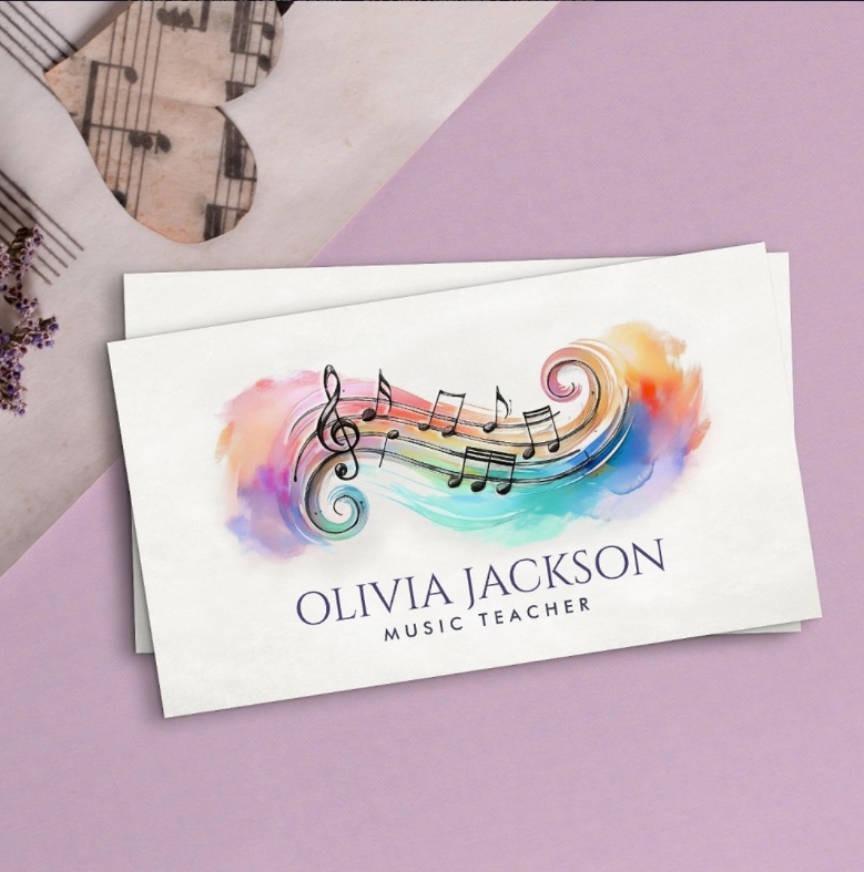 Watercolor Swirl and music notes business card design