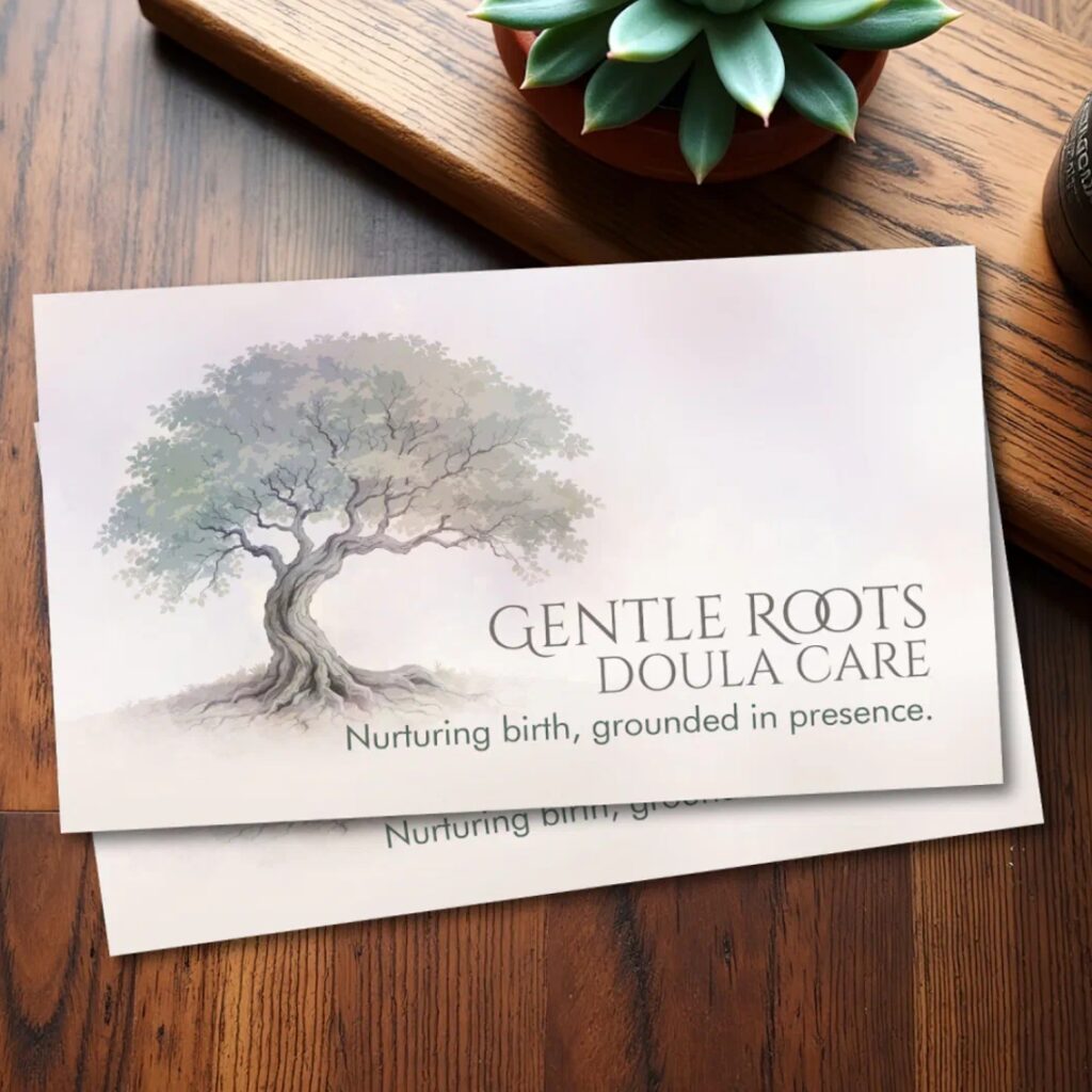 Gentle oak tree doula business card with rooted symbolism