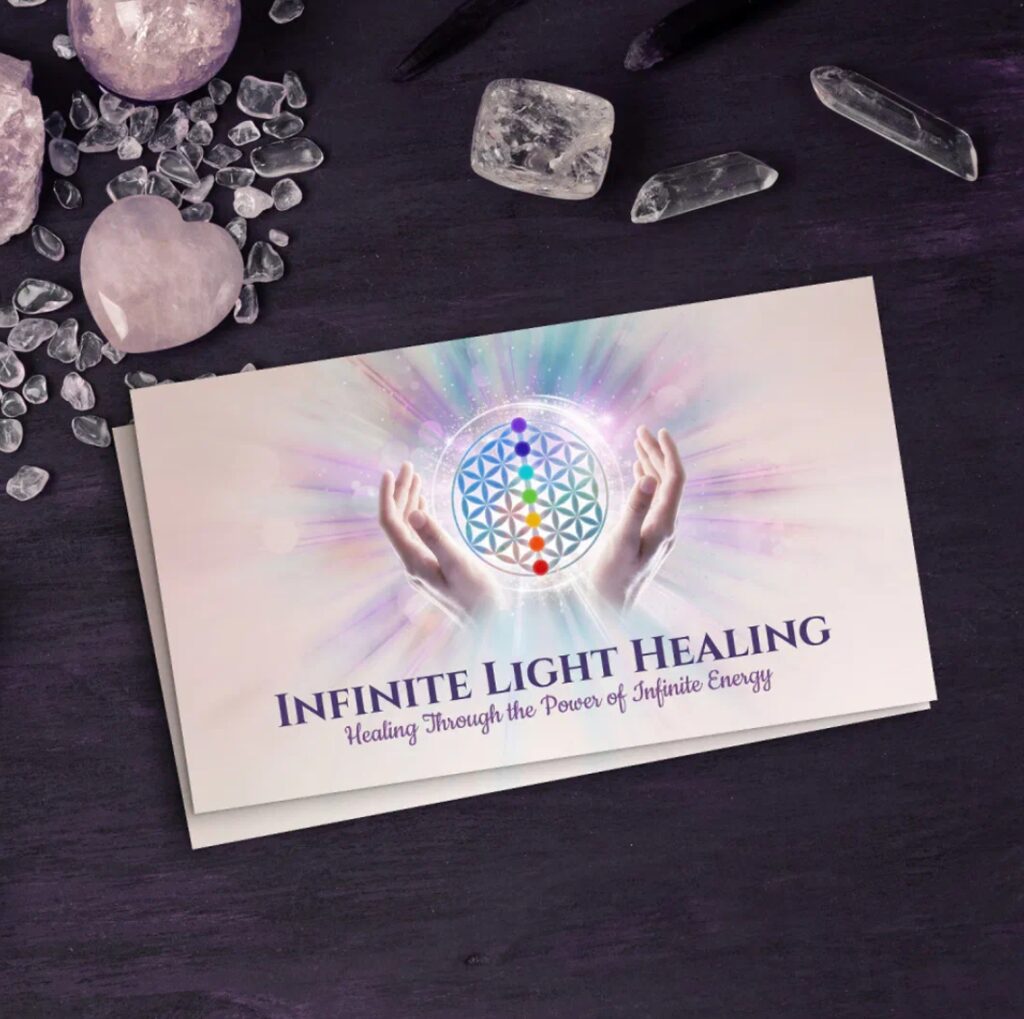Healing hands with Flower of Life and Reiki energy – spiritual business card for healers.