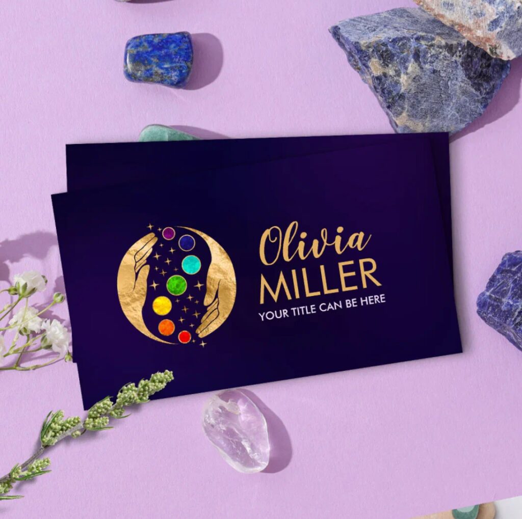 Healing hands aligned with chakra symbols – professional business card for Reiki and energy healers.
