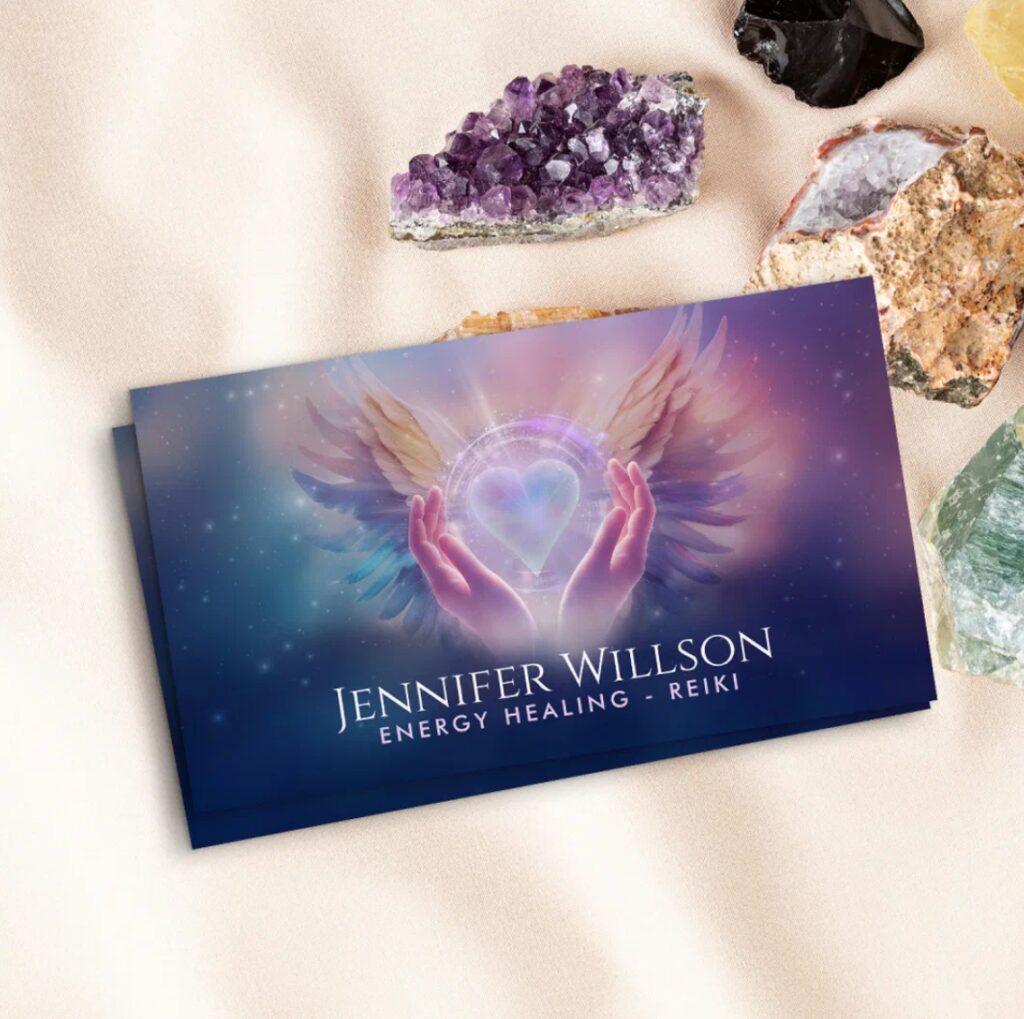 Healing hands with radiant heart and angel wings – spiritual business card for healers and guides.