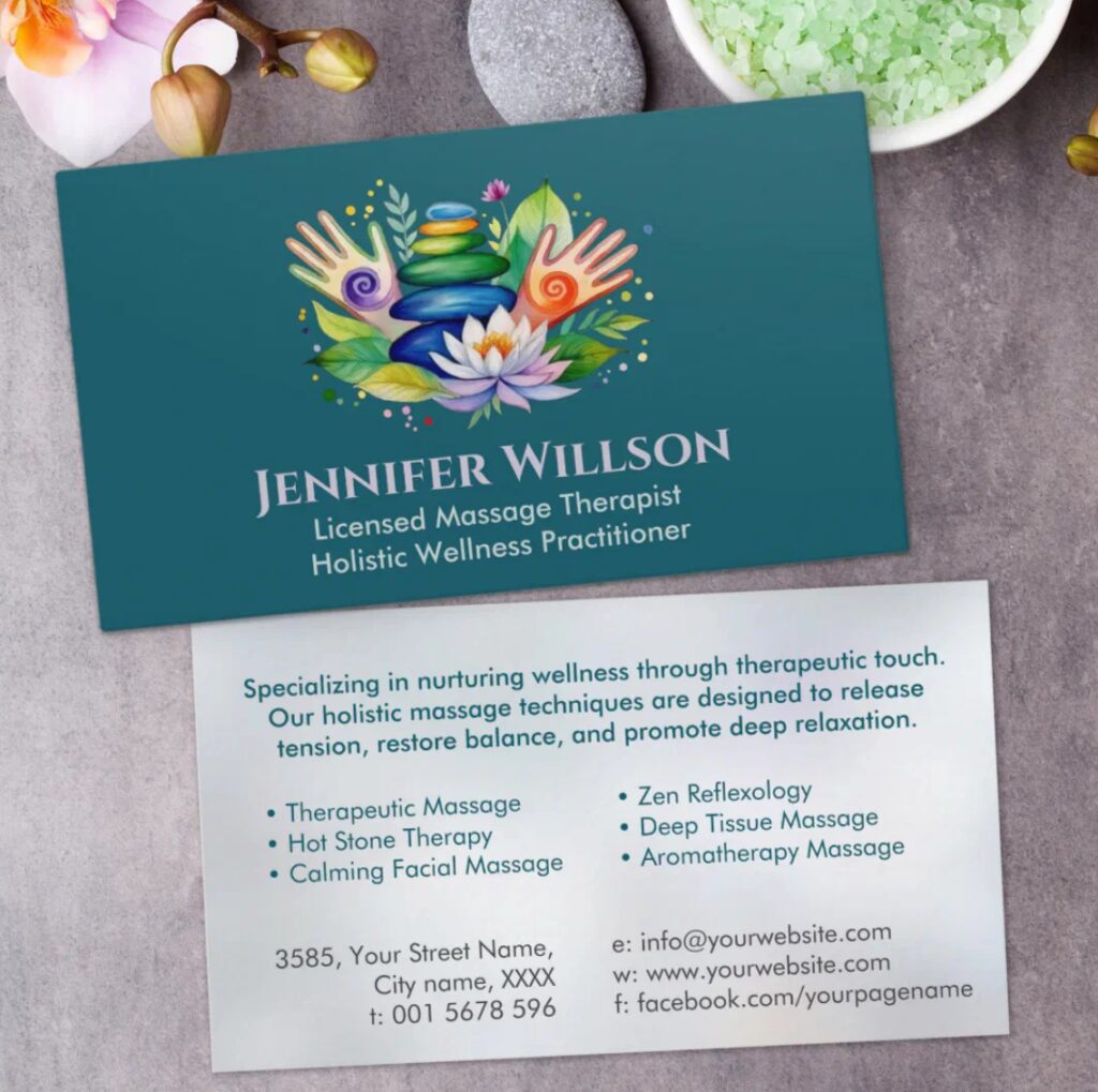 Healing hands with lotus and leaves – business card for massage therapists and spa professionals.