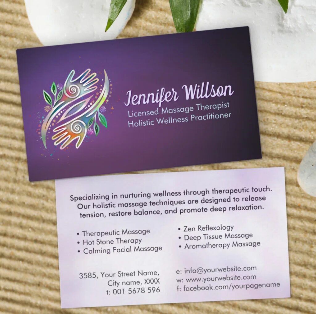 Healing hands with energy swirl – professional business card for massage therapists and healers.
