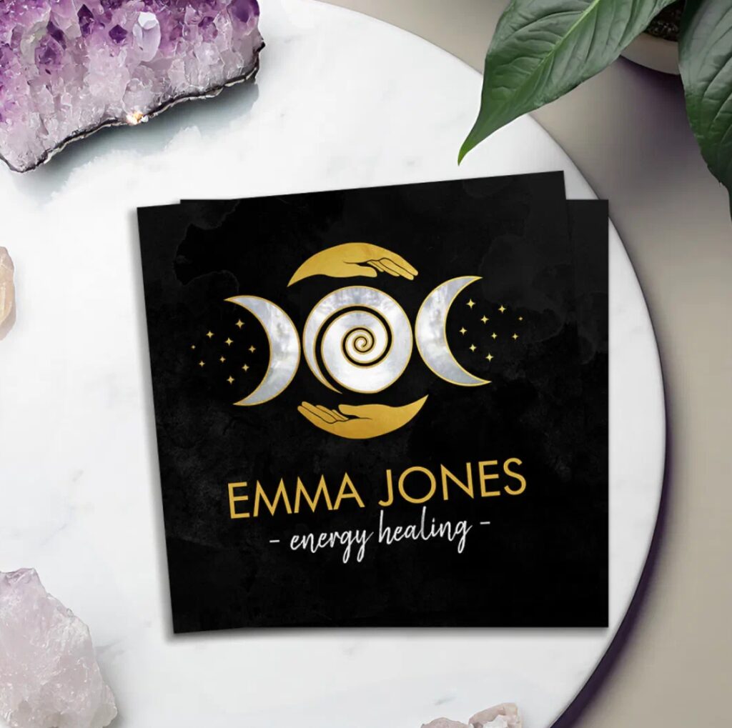 Healing hands with triple moon symbol – mystical business card for spiritual healers and guides.