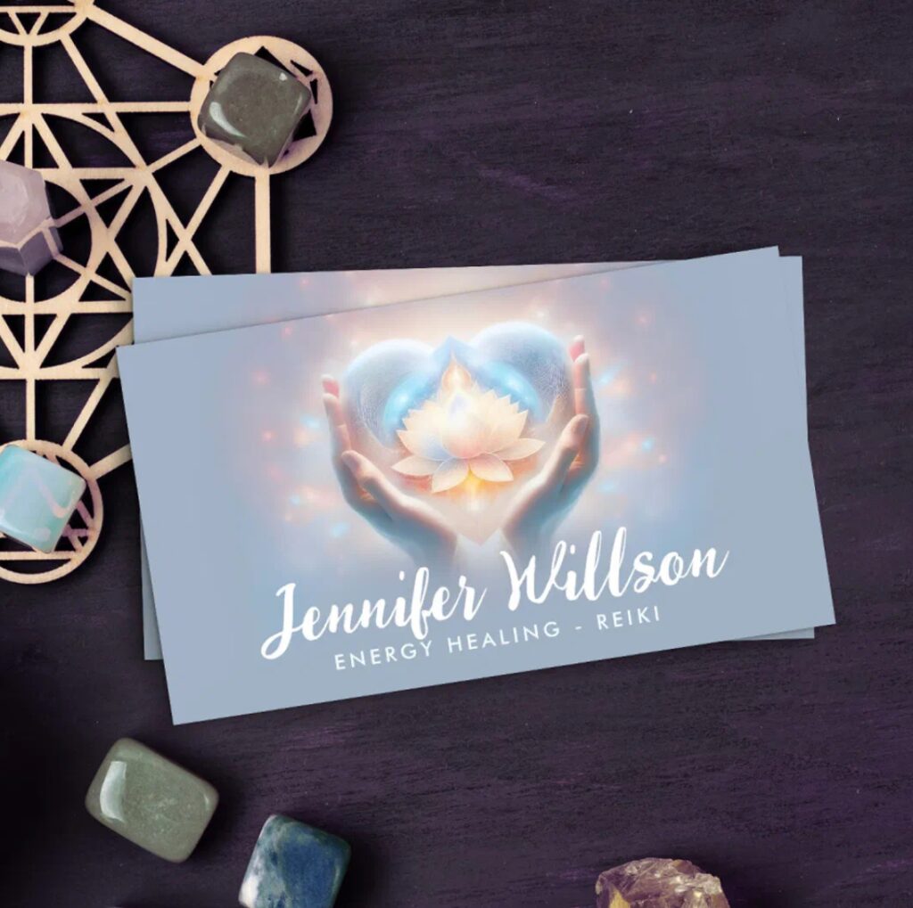 Healing hands holding radiant lotus flower – symbolic business card for meditation and energy healing.