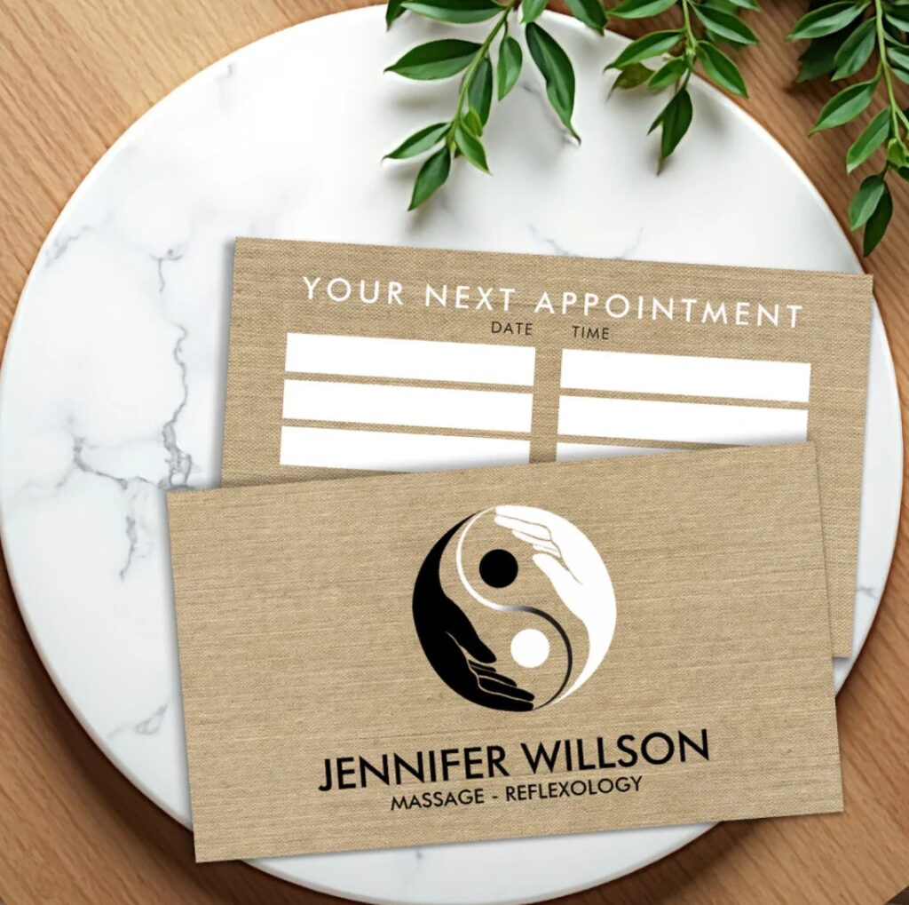 Healing hands holding yin yang symbol – business card for holistic healers and therapists.