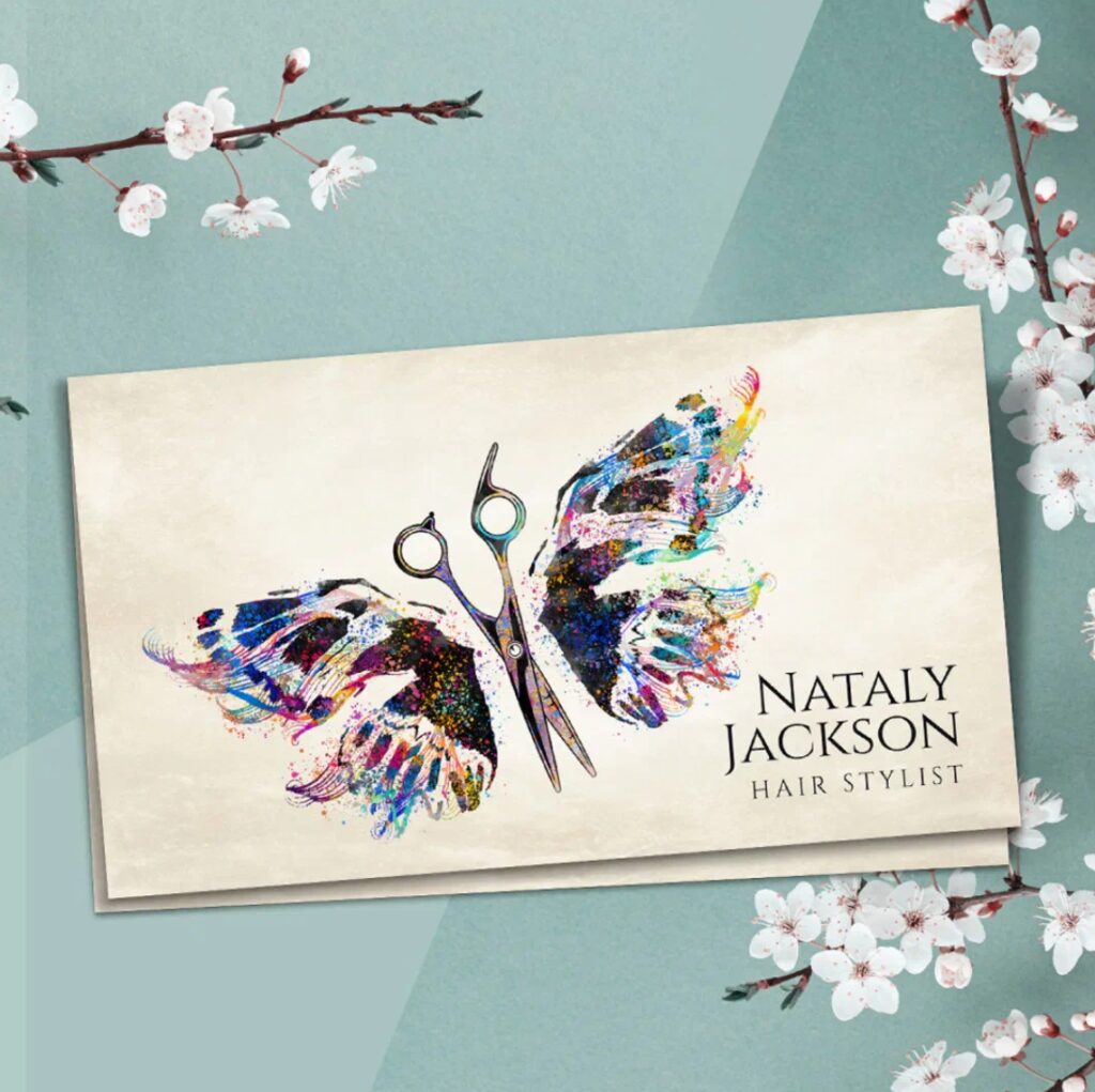 Watercolor butterfly and scissors hair stylist business card
