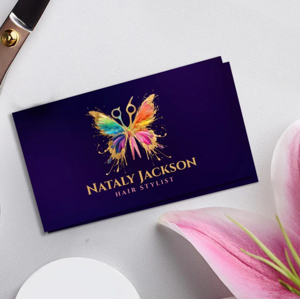 Golden scissors and colorful butterfly hair stylist card