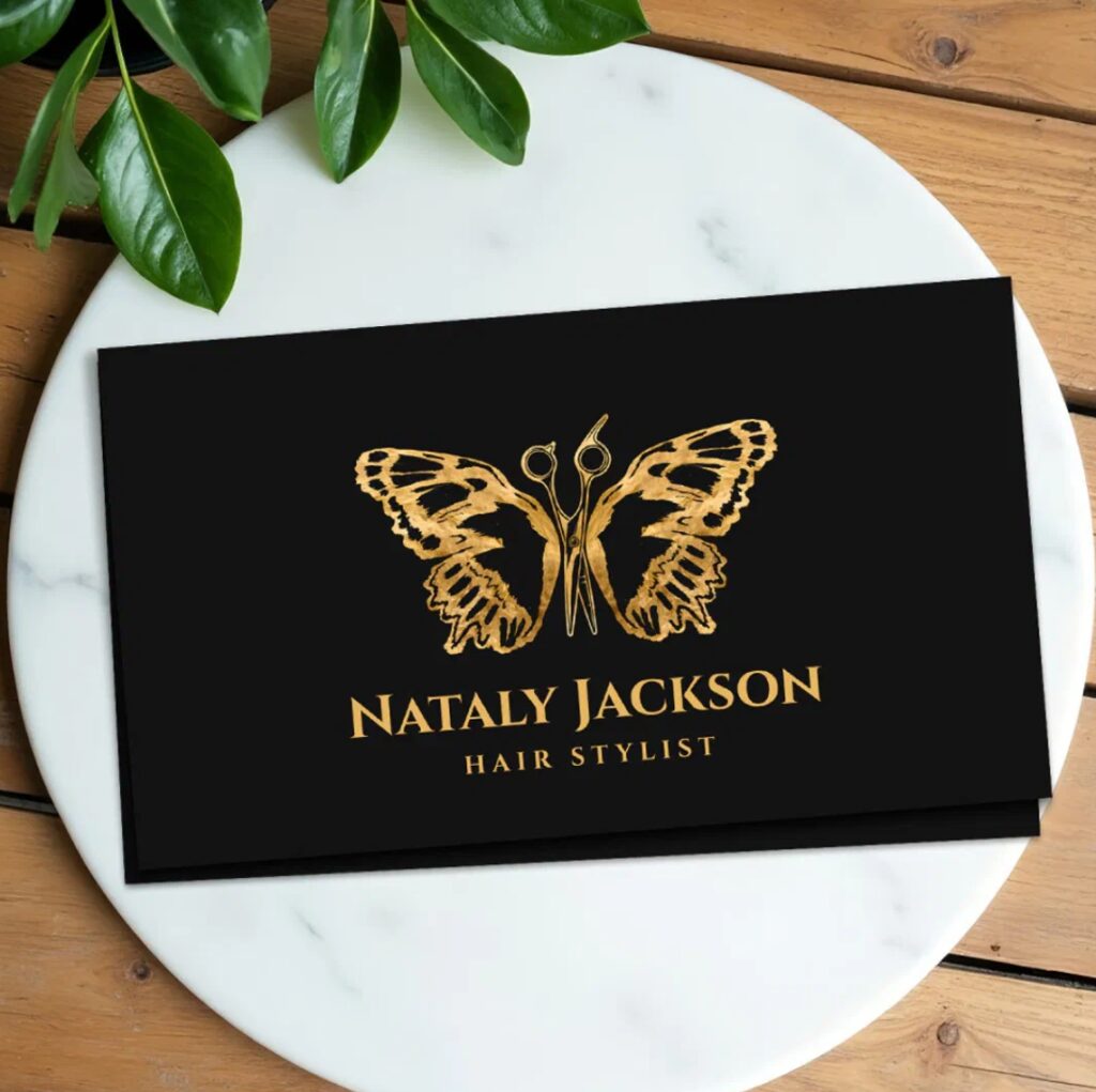 Luxury golden scissors butterfly hair stylist business card