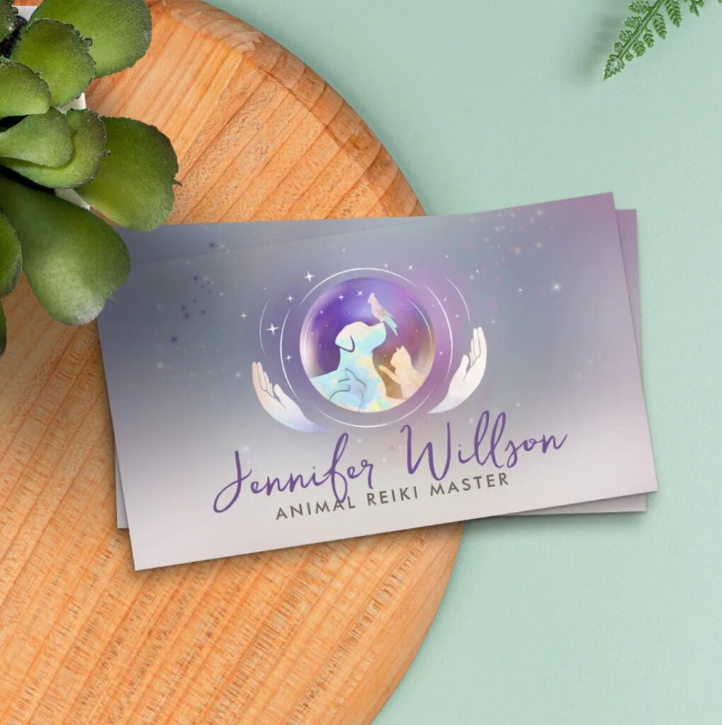 Animal Reiki business card - gentle watercolor illustration.