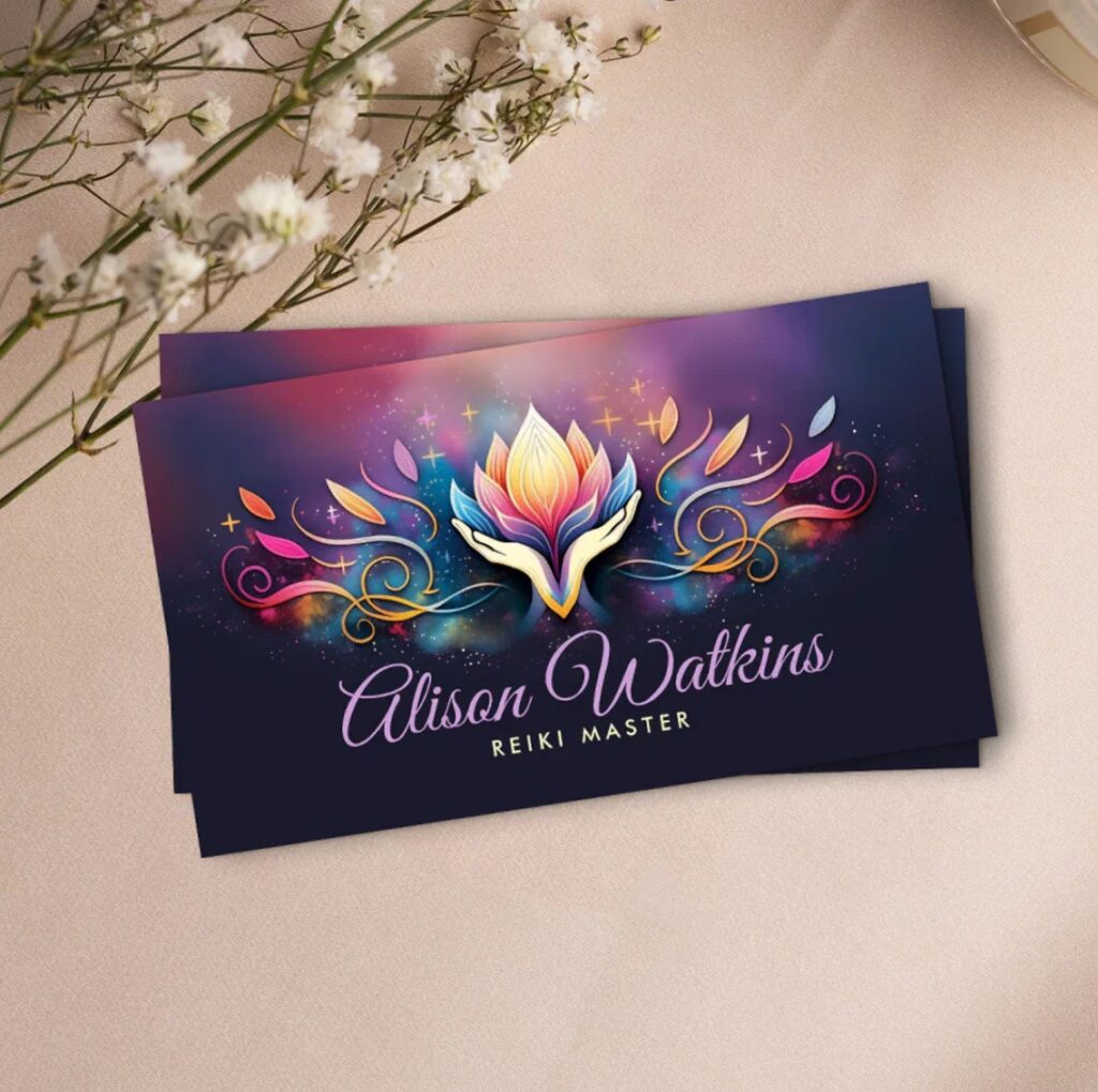 Colorful healing hands with lotus and flowing energy – business card for holistic practitioners and lightworkers.