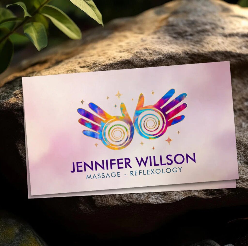 Colorful healing hands with spiral ornament – symbolic card for energy workers and holistic practitioners.