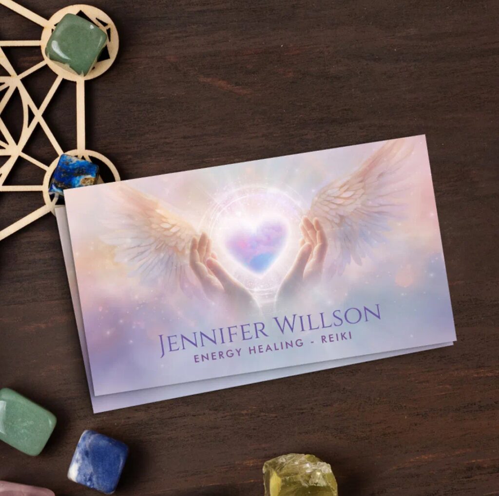 Hands holding glowing heart with angel wings – business card for holistic and spiritual practitioners.