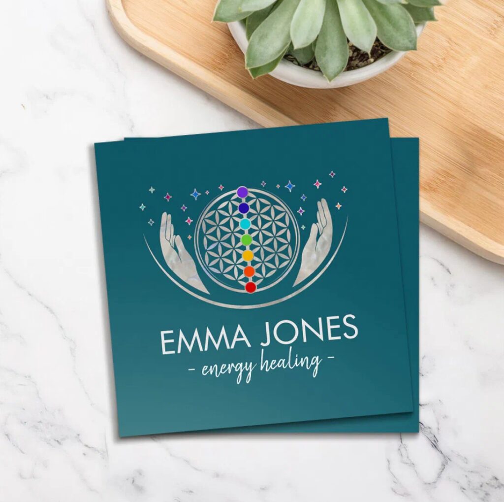 Healing hands with Flower of Life and Reiki energy – spiritual business card for healers.