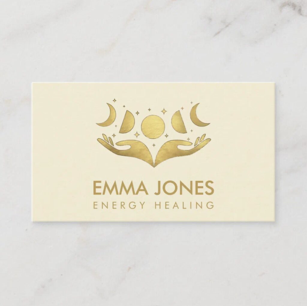 Hands with moon phases in pastel gold – business card for holistic practitioners and energy workers.