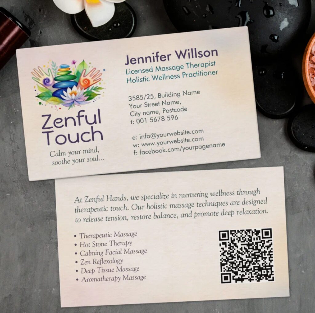 Watercolor illustration of healing hands with zen stones – calming business card for spa and wellness