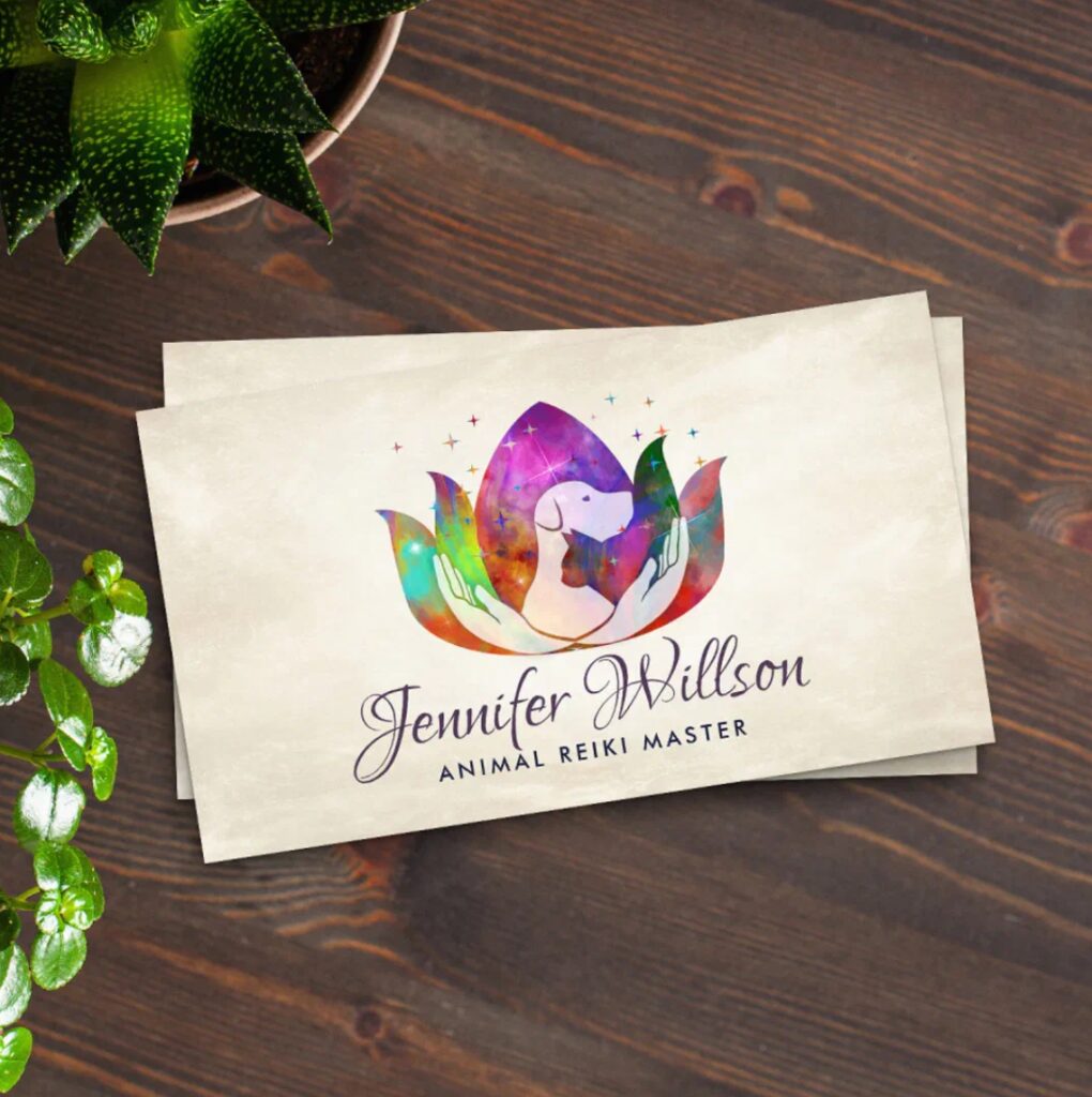 Watercolor Animal Reiki business card with lotus flower