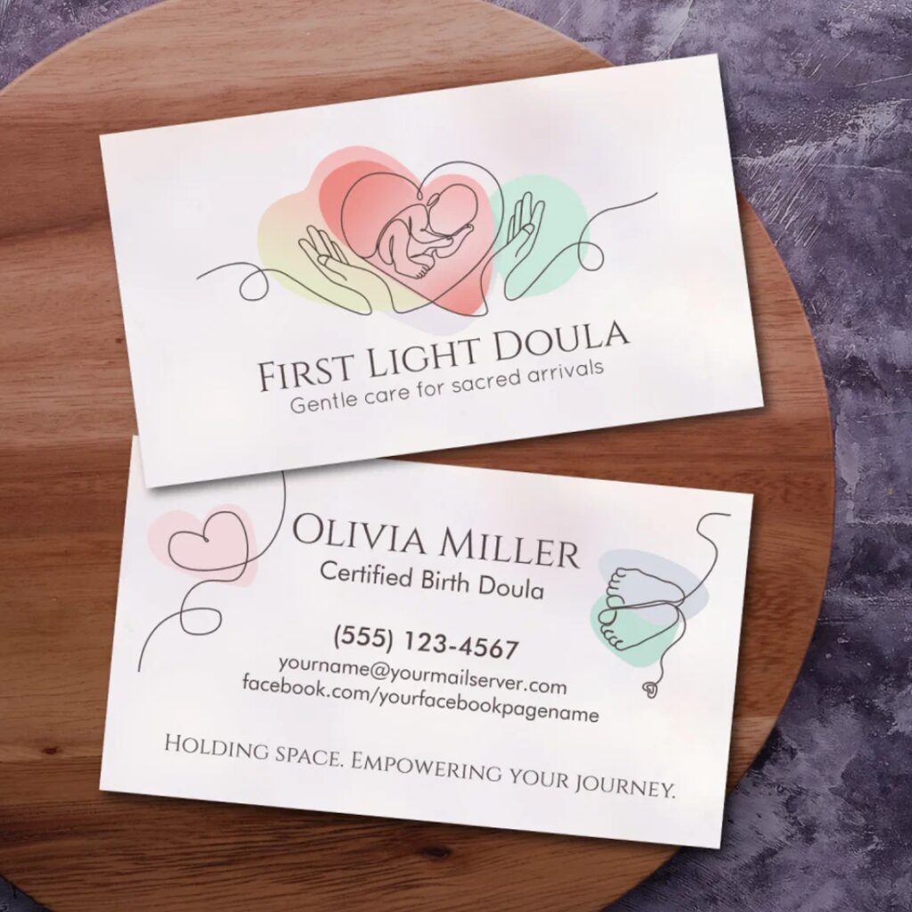 Minimalist line art doula business card with soft curves