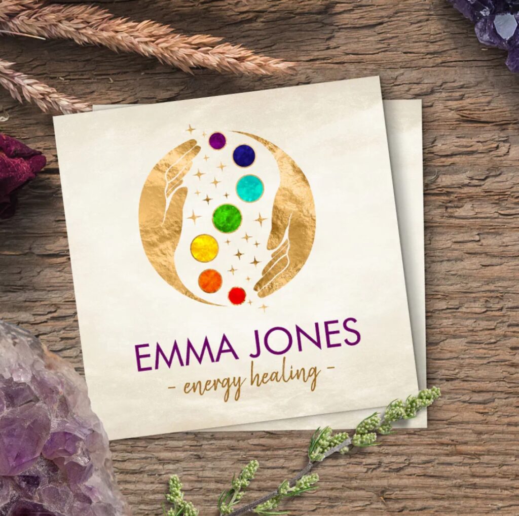 Healing hands with radiant chakras – business card for meditation teachers and wellness coaches.