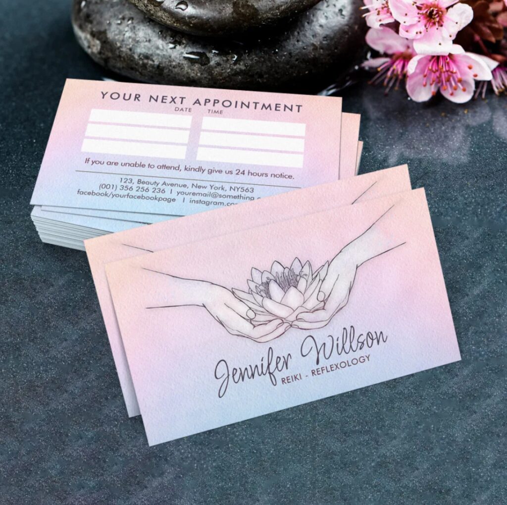 Watercolor sketch of hands with lotus – gentle business card for yoga, meditation, and wellness guides.