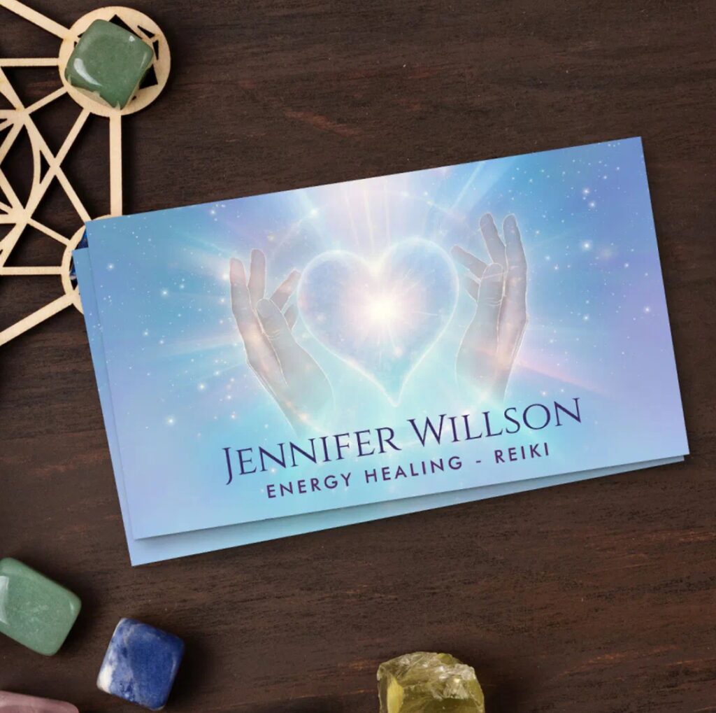 Hands cradling a luminous heart – professional card for therapists, counselors, and holistic practitioners.