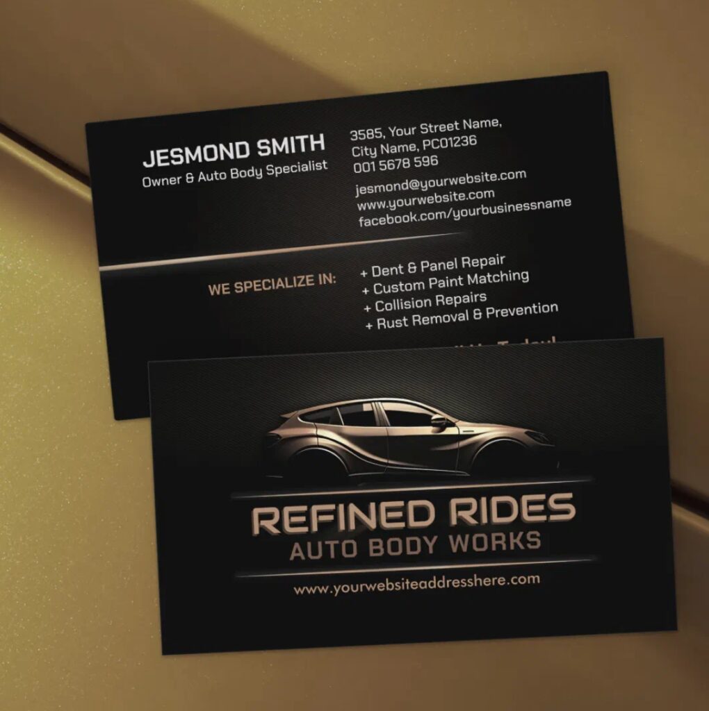 Professional auto body repair card with minimal clean design.