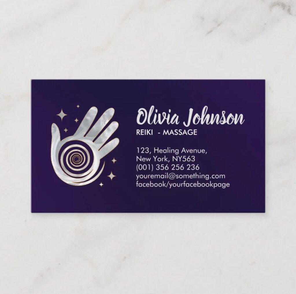 Healing hands with pearl texture spiral – elegant business card for massage and energy therapy.