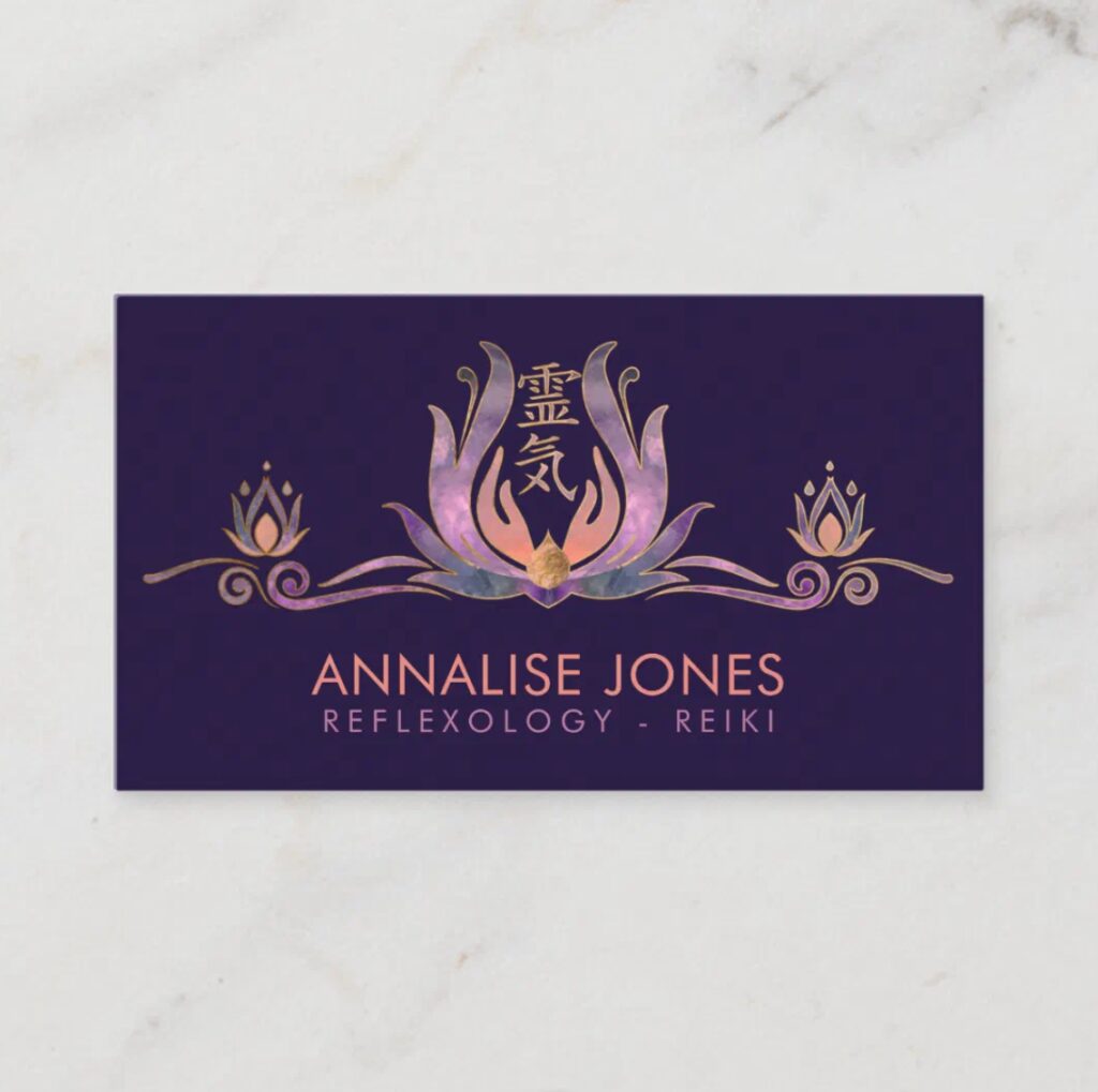 Healing hands with lotus and Reiki symbol in pearl and gold textures – elegant business card for holistic practitioners.