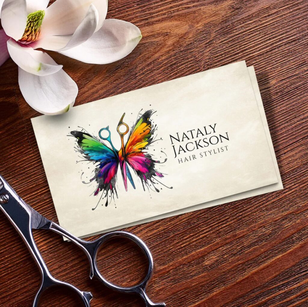 Vibrant watercolor scissors and butterfly hair stylist business card