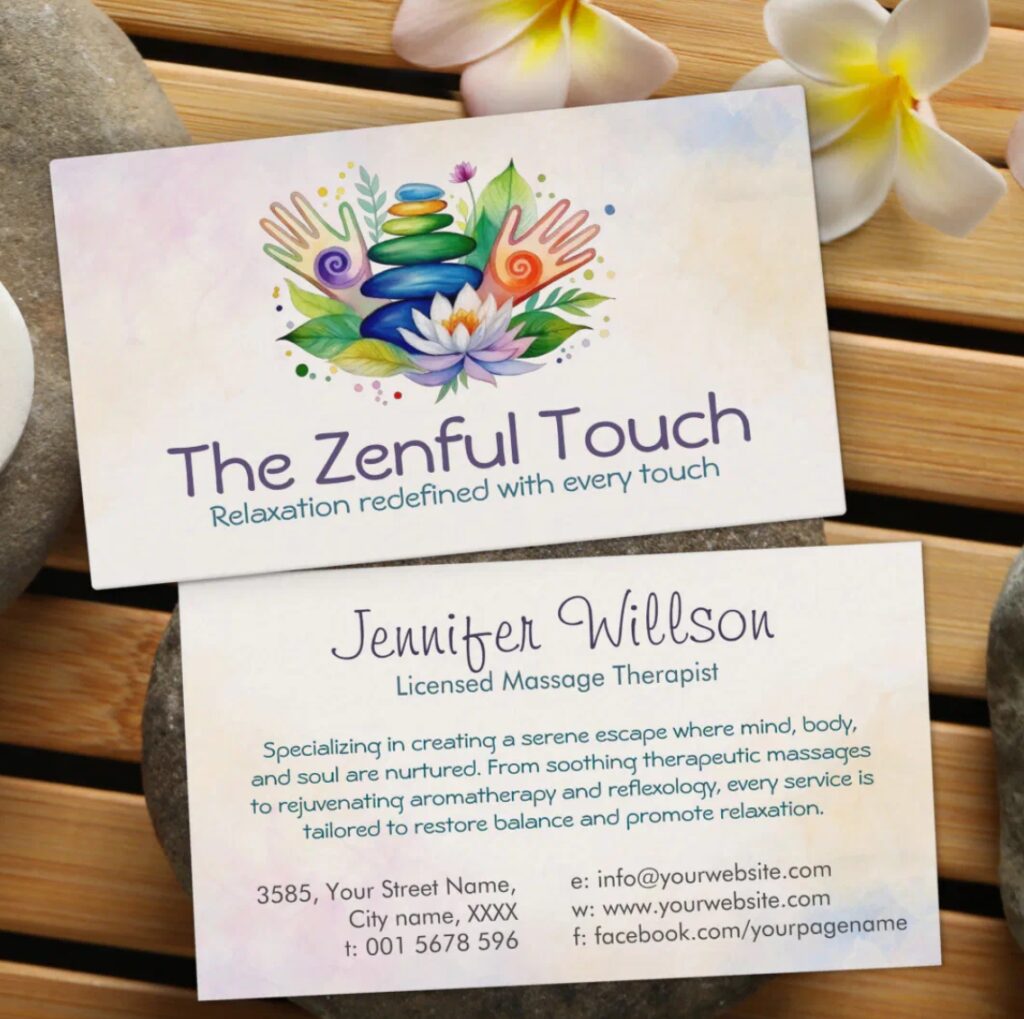 Healing hands with stones and leaves – peaceful spa business card for holistic and beauty practitioners.