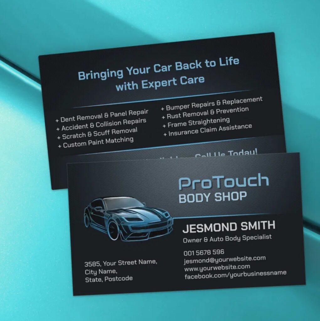 Auto body repair and car paint business card with sharp modern styling.