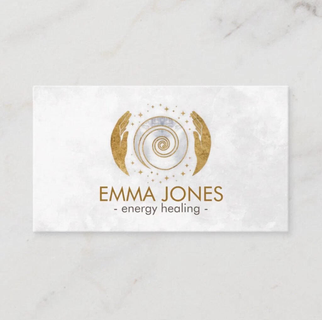 Hands with radiant energy spiral – business card design for Reiki masters and wellness coaches.