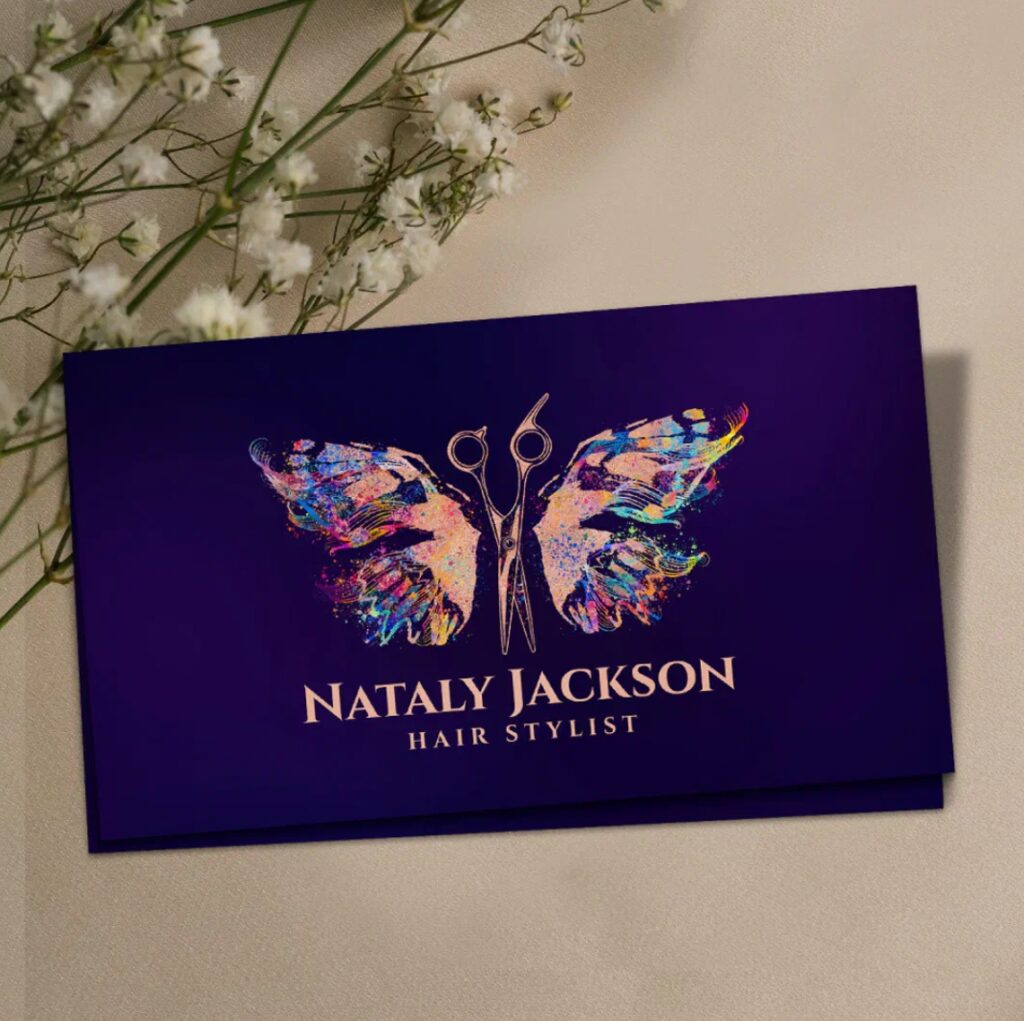 Rose gold scissors with colorful butterfly wings business card