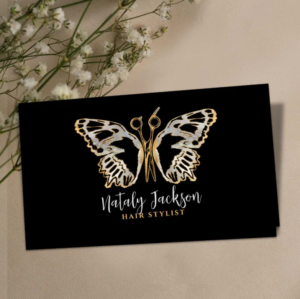 Pearl and gold scissors butterfly hair stylist stylish business card
