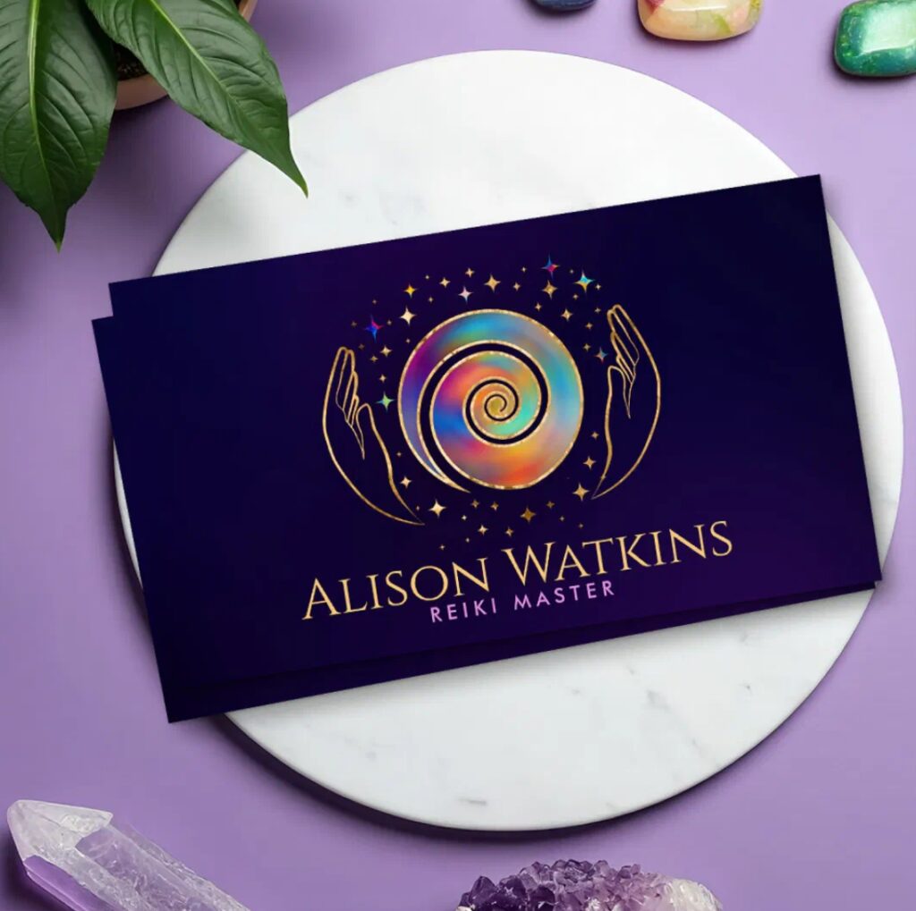 Healing hands with golden spiral of energy – symbolic business card for lightworkers and Reiki practitioners.