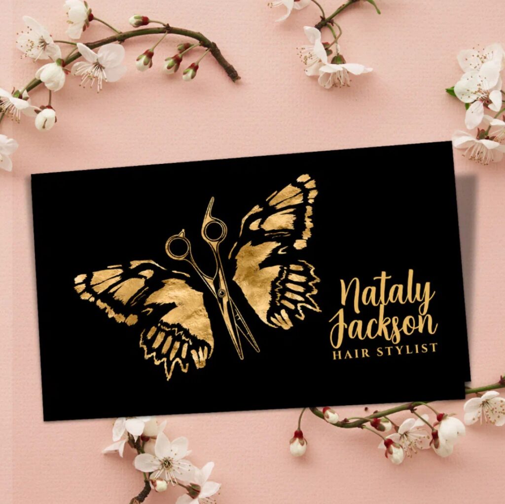 Golden scissors with butterfly wing design hair stylist business card