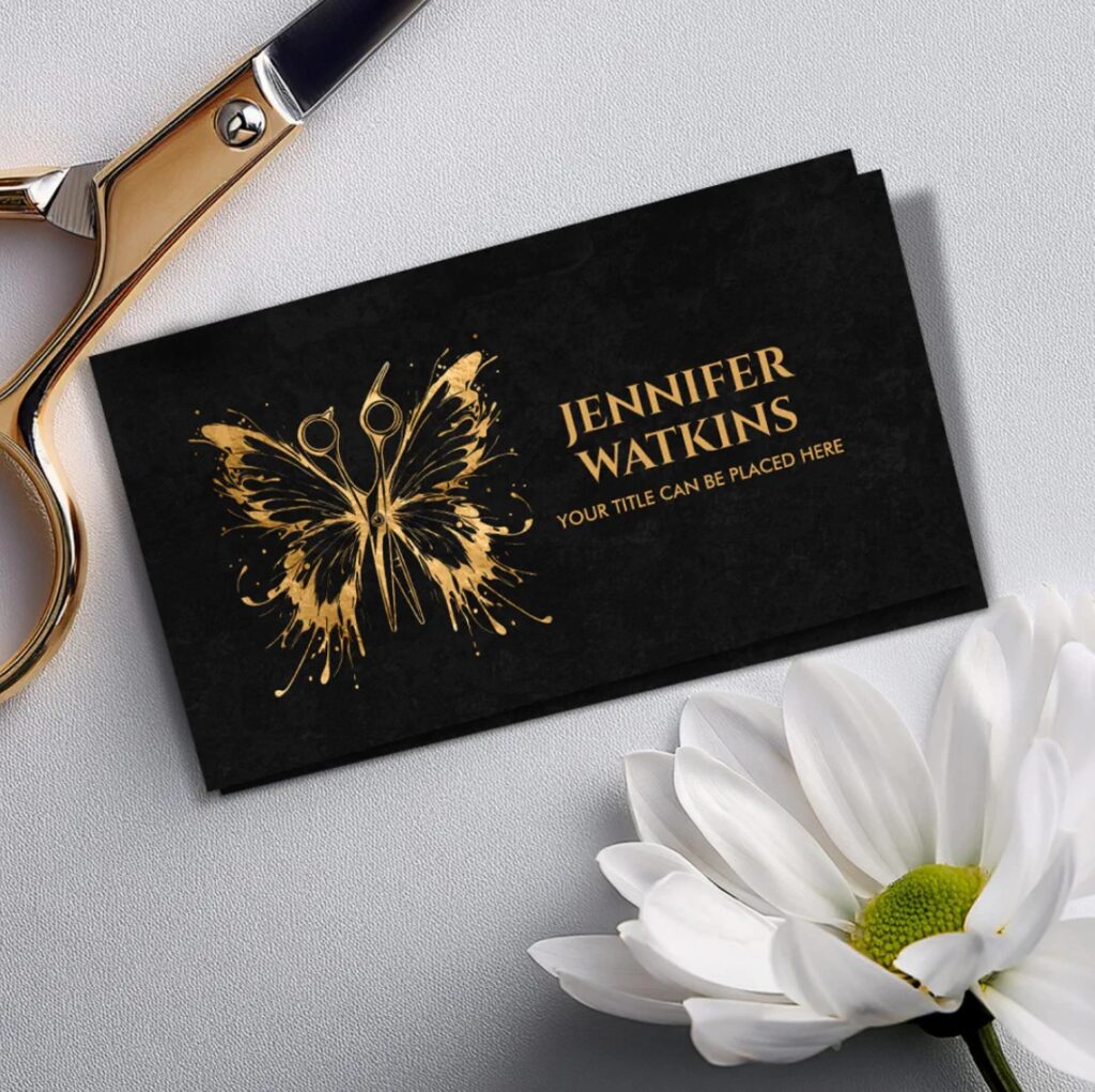 Artistic butterfly and scissors illustration for hair stylist business card